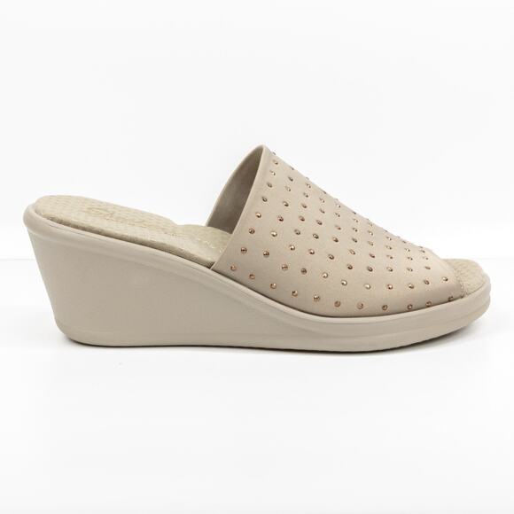 SKECHERS Cali Rumbler Studded Wedge Slide Sandals Memory Foam Taupe Womens 8.5 - Picture 2 of 8